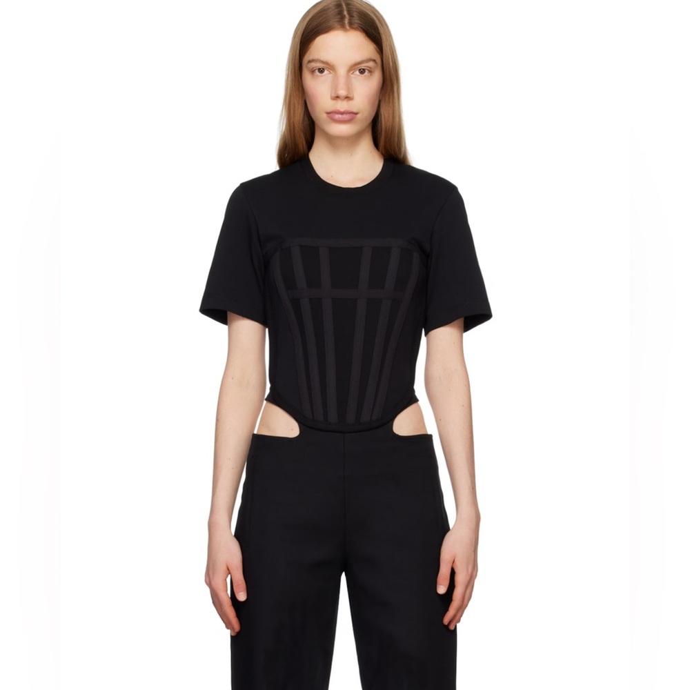 Dion Lee Black Short-Sleeve Corset-Detail Top